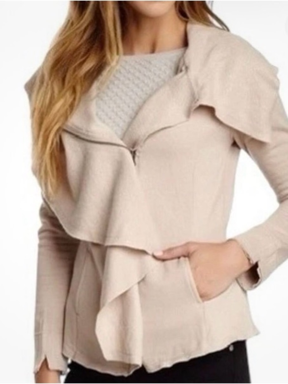 Blank Noir Women’s Beige/pink Ruffle Front Sweater Jacket size S
